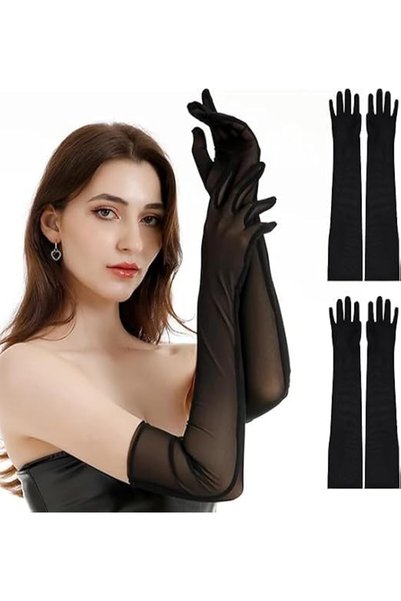 YRQX 2 Pairs Long Black Mesh Gloves for Women – Elegant Lace Tulle Sheer Oper...