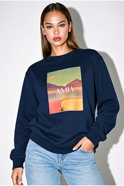 Amia&Co. Hanorac de damă din bumbac, albastru marin, cu imprimeu