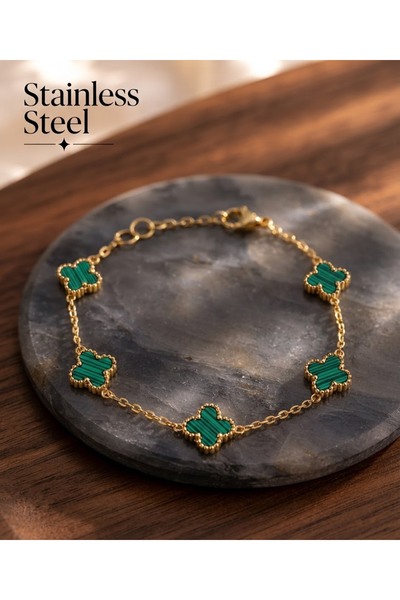 stainless steell 316L Steel Chain Gold Color Striped Green Enamel Clover Brac...