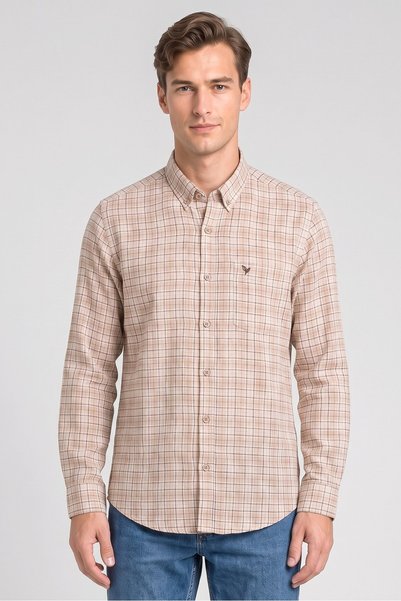 COLOR HUNT Men Slim Fit Long Sleeve Checkered Casual Shirt, Beige