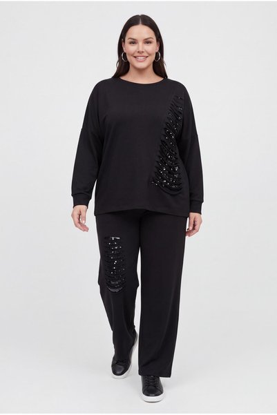 Ebsumu Women's Plus Size Sequin Cutout Detailed Crew Neck Black Tracksuit Set