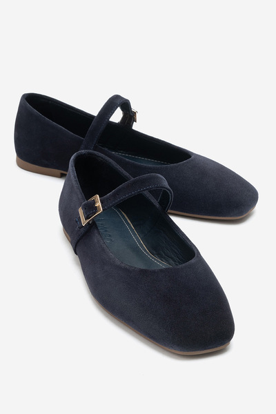 MANCORIGO Genuine Leather Women's Navy Blue Suede Buckle Ballerinas Marry