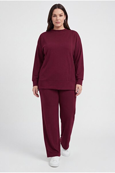 Ebsumu Women's Plus Size Crew Neck Vertical Ribbed Burgundy Tracksuit Set