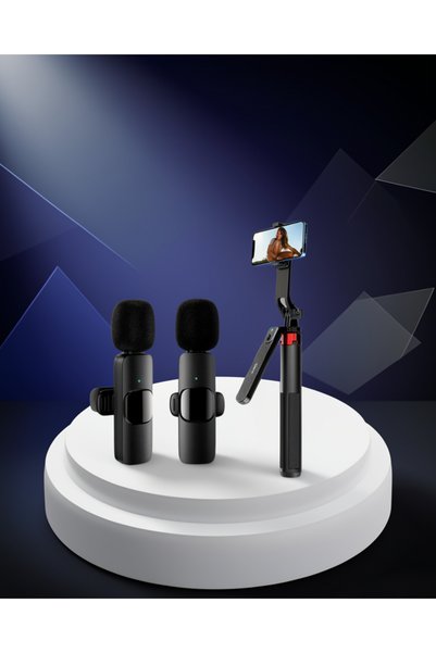 ASTRALTECH Kablosuz Yaka Mikrofonu + Tripodlu Selfie Çubuğu Seti