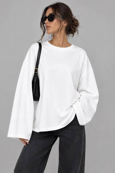 Qaju Kadın Oversize Bisiklet Yaka Sweatshirt Salaş Geniş Kollu Basic Pamuklu ...