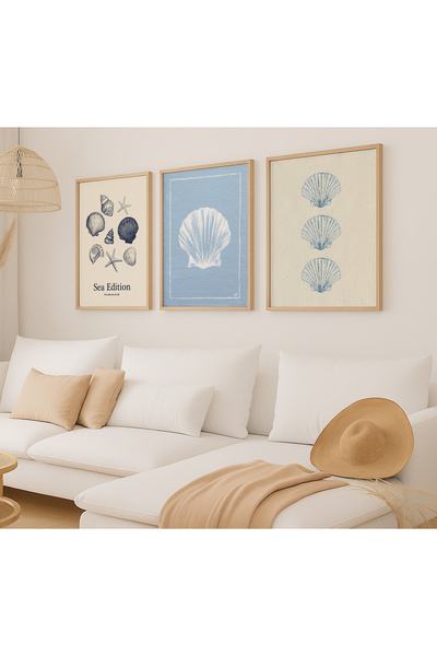 VOBA STORE deniz kabuğu desenli çerçeve görünümlü mdf baskı tablo seti -279