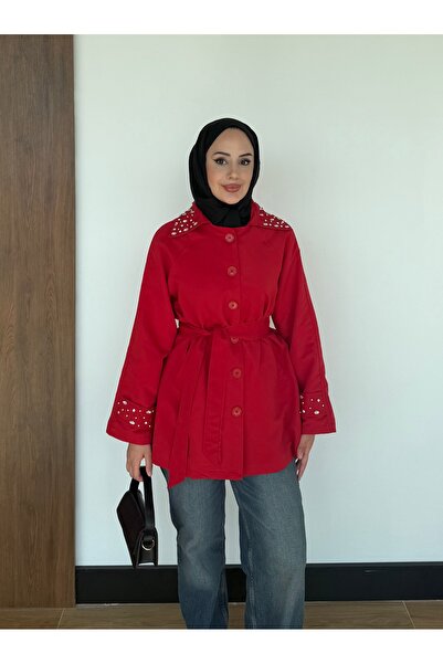 VeraTrend Cotton Model Women's Trench Coat with Stone Detail on the Collar an...