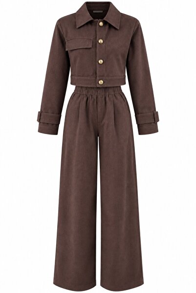 Laluvia Brown Denim Crop Jacket Pants Set - 2Y51244