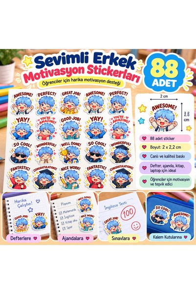 88 adet sevimli erkek temalı öğretmen stickerı - Motivasyon etiketi