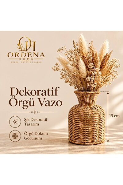 Ordena Home 19 cm Hasır Görünümlü Rattan Dekoratif Vazo Bohem Kuru Çiçek Vazosu