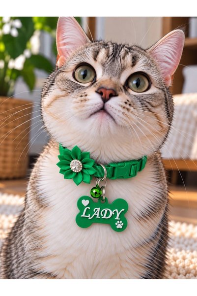 Store Yeşil Kişiye Özel Kedi Tasması İsimli Kemik Künyeli Çiçekli Tasma, 3D İ...