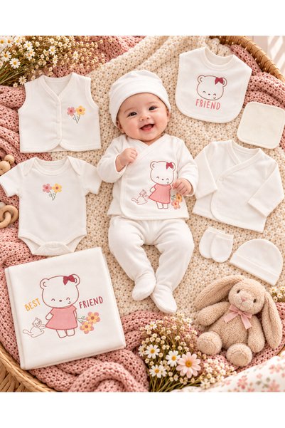 EDM Kidss Kutulu Yenidoğan Kız Bebek 10’lu Hastane Çıkışı Seti – Best Friend Desenli Zıbın, Yelek, Patikli Alt, Bere, Önlük, Eldiven ve Battaniyeli Bebek Seti