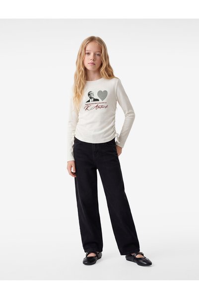 Koton Ataturk Printed Drawstring Detailed Slim Fit Crew Neck Long Sleeve Cott...