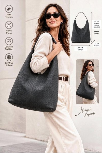 Classbag Women's Anthracite Knitted Patterned Suede Large Size Casual Hobo Shoulder Bag