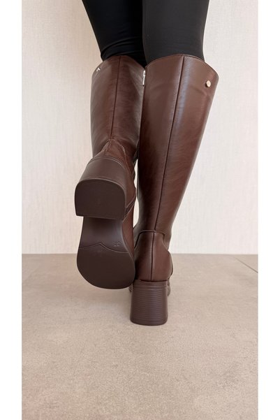 CCWAY AYAKKABI Heeled Plain Women's Boots Brown Leather