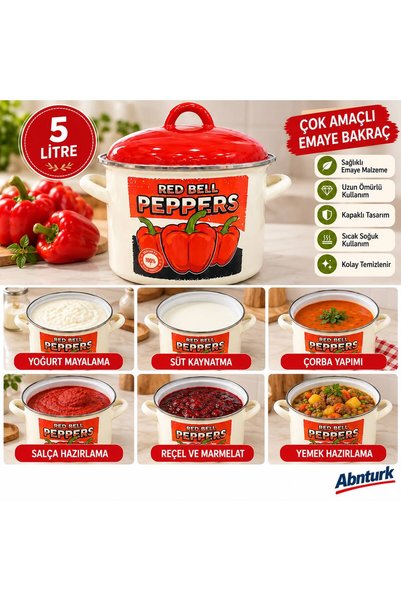 abnturk 5 Litre Emaye Yoğurt Bakracı Kapaklı İki Kulplu Çok Amaçlı Tencere Sü...