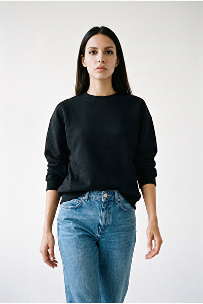 Amia&Co. Hanorac negru pentru femei, cu gât tip crewneck, cu textură diagonal...