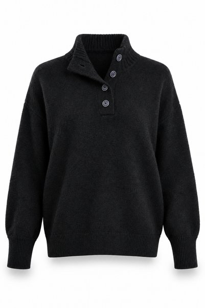 5in1Canpolat Black Stand Collar Buttoned Sweater 251361