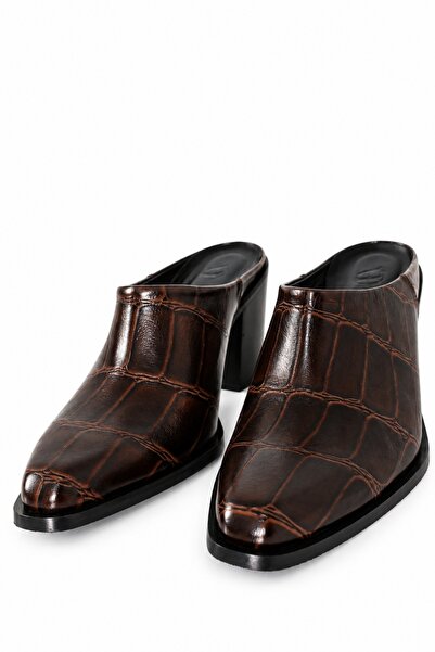 5in1Canpolat Brown Heeled Sabo Slippers 26334