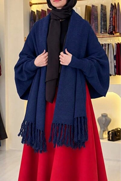 Giyim Gezegeni Women's Navy Blue Hijab with Tassels on the End, Knitted Shawl...