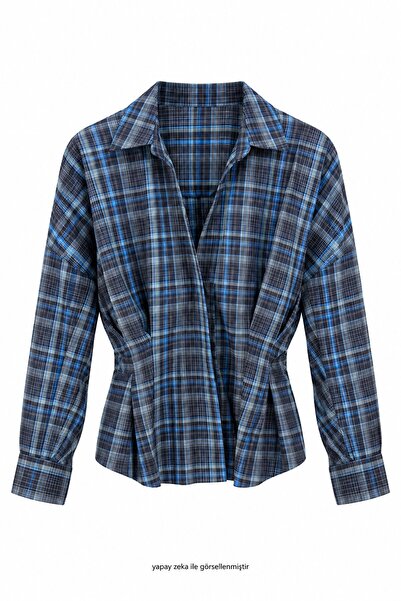 elifteke Seated Blue Plaid Shirt Navy Blue