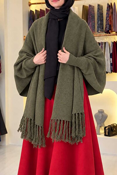 Giyim Gezegeni Khakifarbener Hijab-Schal-Poncho für Damen mit Quasten am Saum...