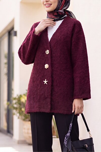 HİJABAYA Off-Shoulder Wide Sleeve Brooched Hip-Length Hijab Cardigan -Plum