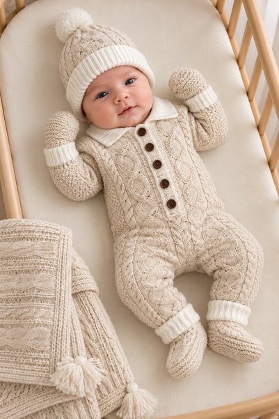 VERONA TARZ Girl Boy Unisex 5-Piece Luxury Knitwear Newborn Baby Hospital Discharge Set with Plush Lining and Blanket in Boxed Gift