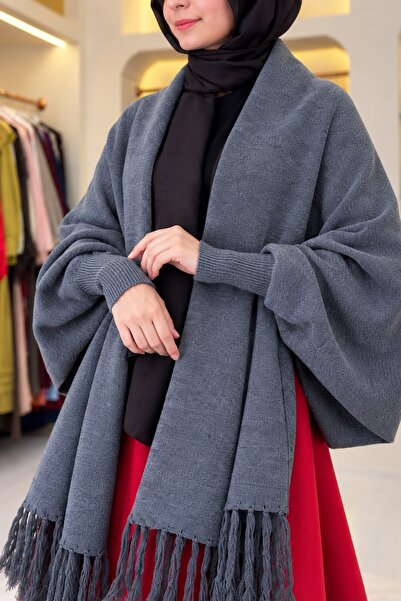 HİJABAYA Shawl Collar Open Front Low Shoulder Draped Ribbed Hijab Poncho Card...