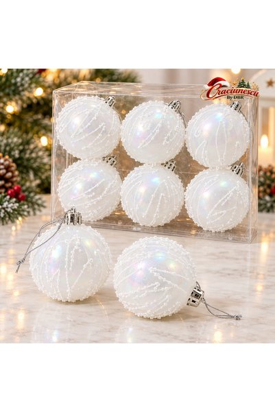 Craciunescu By DBR White Christmas Baubles, Set of 6 Pieces, 6 cm, Iridescent...