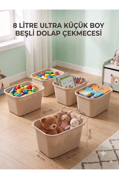 decosense 5 Adet Vizon Ultra Küçük Boy 8 Litre 30x20x20 cm Oyuncak Dolabı Çek...