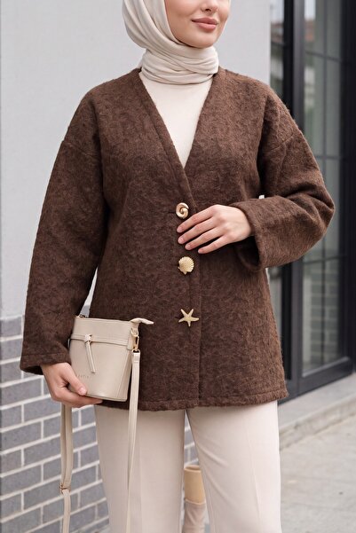 HİJABAYA Off-Shoulder Wide Sleeve Brooched Hip-Length Hijab Cardigan - Brown