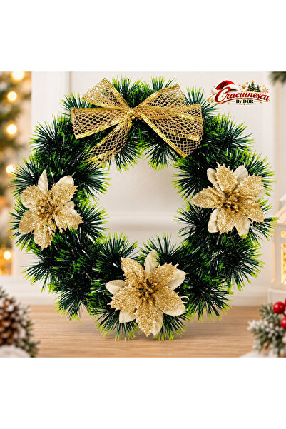 Craciunescu By DBR Coronita Artificiala de Craciun 24 cm, Flori si Funda Aurii -