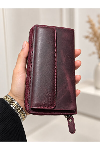 Yurtsever 100% Genuine Leather Women's Multi-Compartment Zippered Hand Portfo...