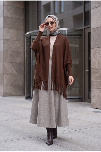 Giyim Gezegeni Women's Brown Hijab with Tassels on the Edge Knitwear Shawl Poncho Princess Model Knitted Shoulder Shawl Poncho Hijab Tunic