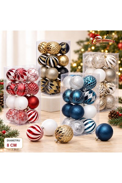 Craciunescu By DBR Set 16 Globuri de Craciun 8 cm, Finisaje Decorative -
