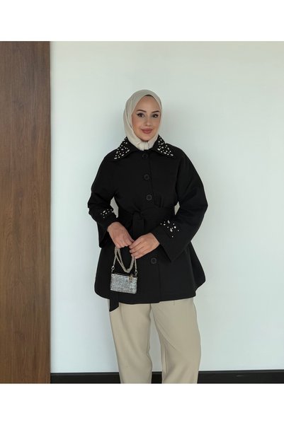 VeraTrend Cotton Model Women's Trench Coat with Stone Detail on the Collar and Sleeves and Belt