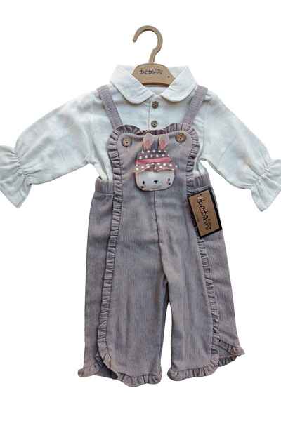 Kız Bebek Fırfırlı Fitilli Salopet ve Bebe Yaka Bluz Takımı Tavşan Aplikeli
