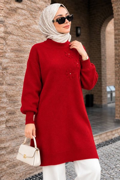 N.S NEVA STYLE Çiçek Aplikeli Kırmızı Tesettür Triko Tunik 60112K