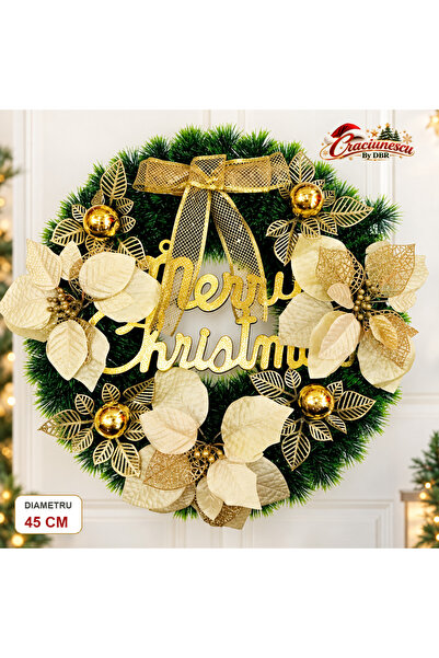 Craciunescu By DBR Coronita Artificiala de Craciun 45 cm, Decor Auriu Elegant -