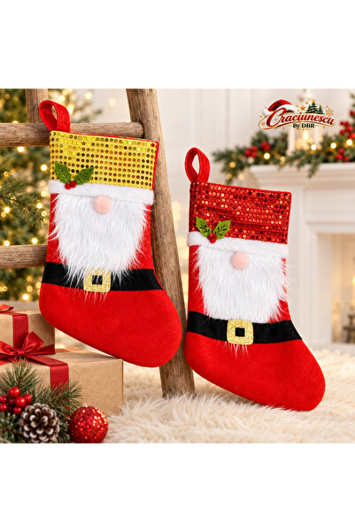 Craciunescu By DBR Ciorap Decorativ Mos Craciun 42 cm, cu Barba Alba si Paiete -