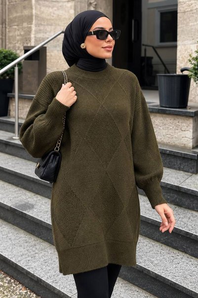 N.S NEVA STYLE Baklava Patterned Khaki Hijab Knitwear Sweater 60091Hk