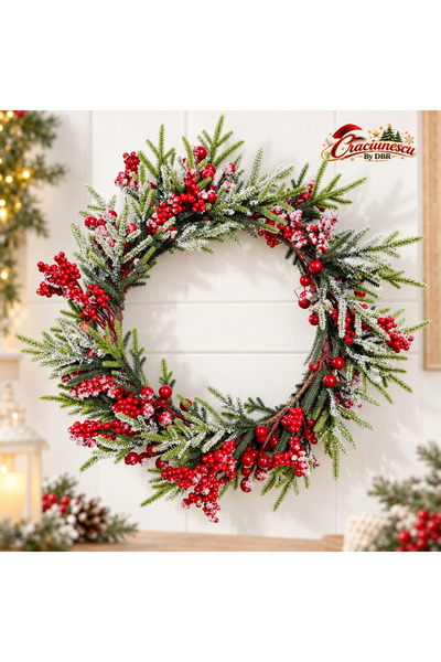 Craciunescu By DBR Coronita Decorativa de Craciun cu Bobite Rosii si Efect Ni...