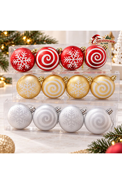 Craciunescu By DBR Set 4 Globuri de Craciun pentru Brad, 6 cm, Fulgi si Spira...