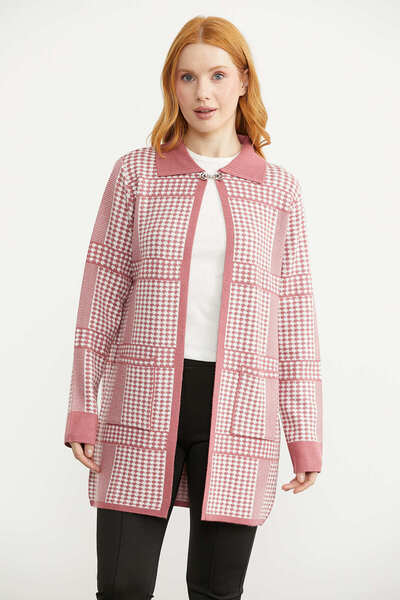 Sementa Houndstooth Patterned Long Knit Cardigan - Coral