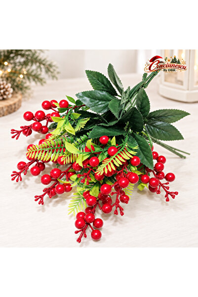 Craciunescu By DBR Buchet Artificial cu Bobite Rosii si Frunzis Verde, Festiv -
