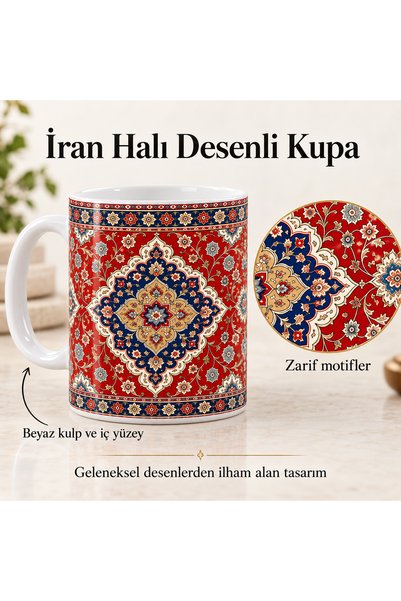 Hediyen Bende İran Halı Desenli Seramik Kupa Bardak Etnik Motifli Kahve ve Ça...