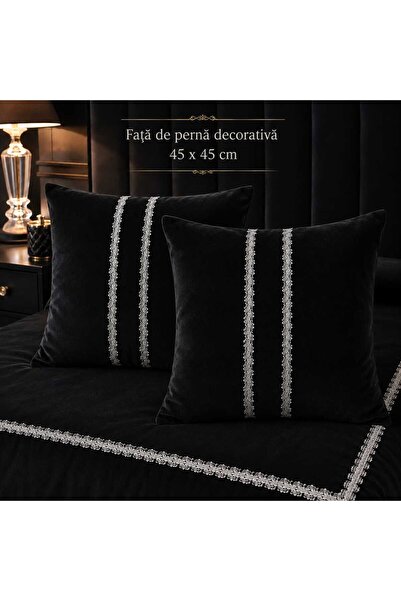 COM LIVING HOUSE Set de 2 fețe de pernă decorative din catifea, negre, 45 x 45 cm, cu accesoriu metalic argintiu