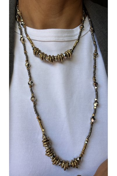 Stelle Jewelry Women's 11 Piece Bohemian Jewelry Set 45 cm and 70 cm 2 Necklaces + 9 Elastic Bracelets Gold Anthracite Beaded Set