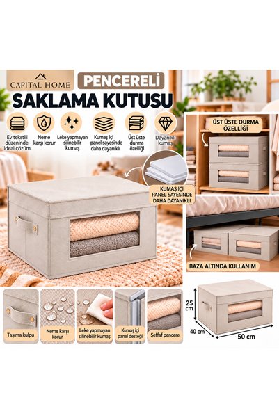 Capital Home ÇOK AMAÇLI DÜZENLEYİCİ HURÇ + SAKLAMA KUTUSU ŞEFAF PENCERELİ+KAPAKLI BÜYÜK BOY 50 x 40 x 25 cm